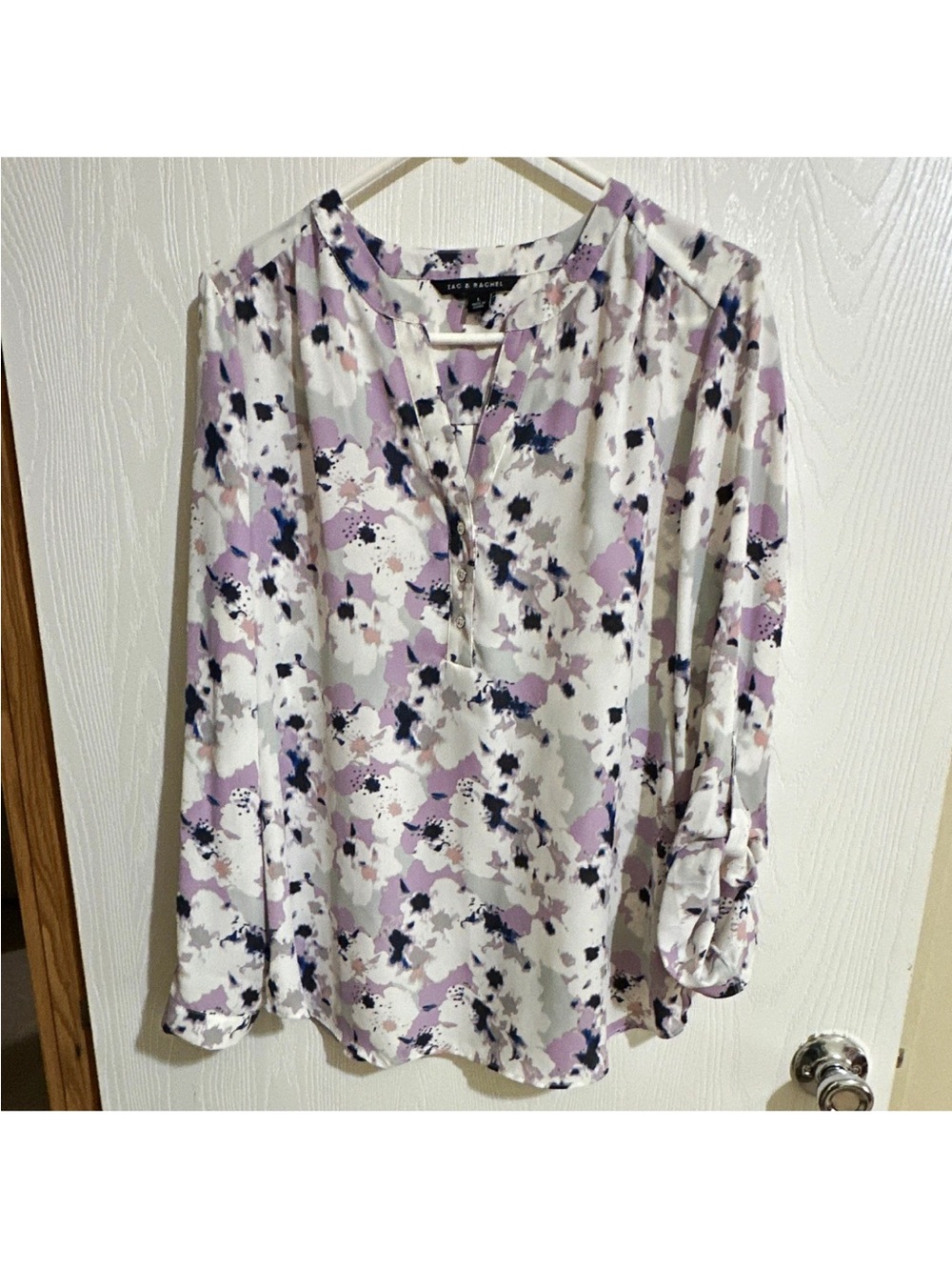 Zac & Rachel Womens Floral V-Neck Long Sleeve Button Blouse Size L